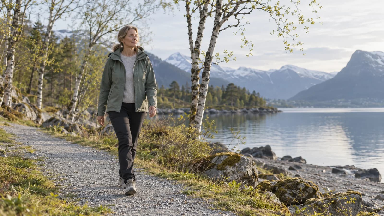 Kvinne går tur på en grussti ved fjorden i morgenlys – illustrasjon til artikkelen om søvnvaner når beina ikke finner ro